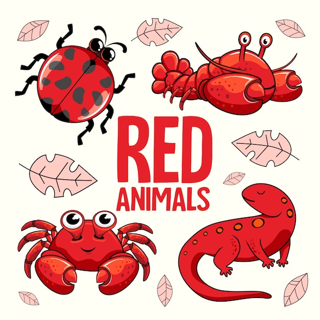 Red Animals Cartoon Mariquita Langosta Cangrejo Newt