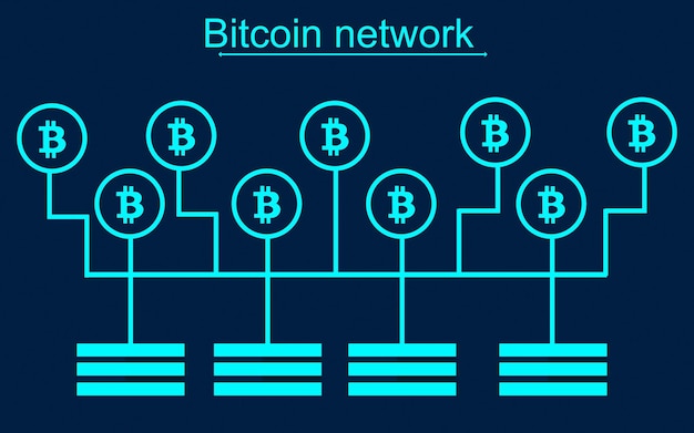 Red blockchain de Bitcoin conectada a servidores Crypto Mining concepto vector ilustración