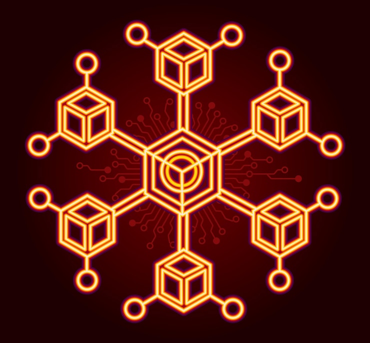 Vector la red blockchain roja de neón con un fondo cibernético de tecnología profunda que simboliza la evolución digital