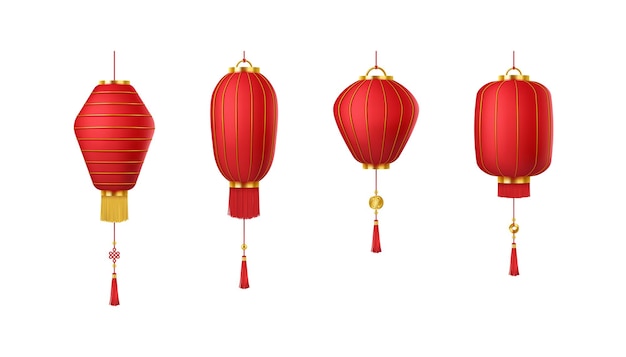 Red Chinese lanterns for New Year holiday color icons set