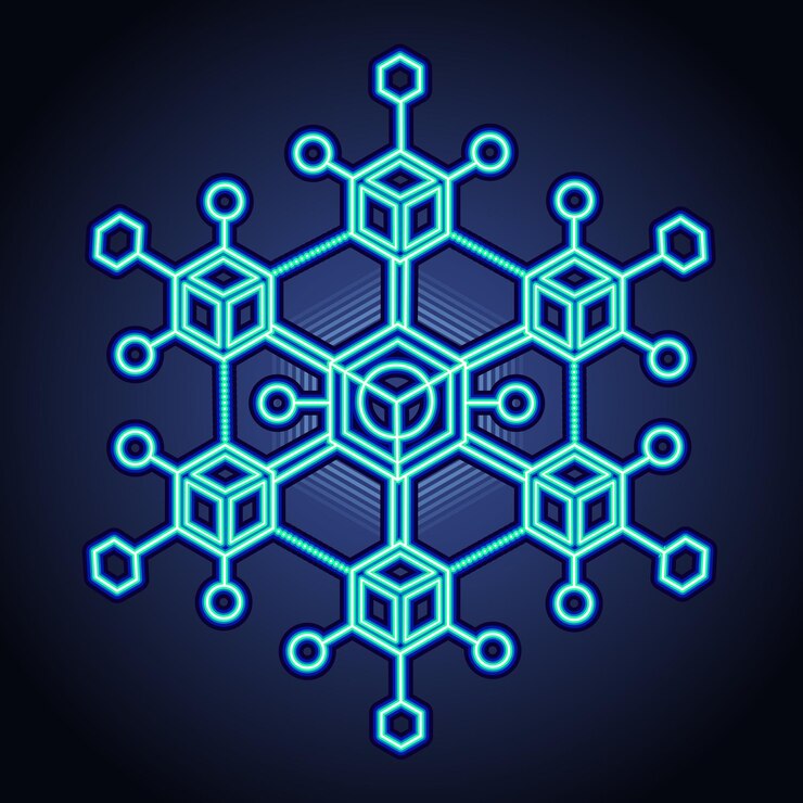 Vector red cibernética azul brillante con nodos geométricos congelados red de hielo encriptada de blockchain azul brillante
