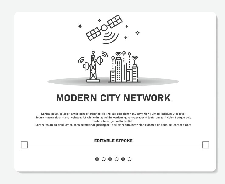 Vector red de ciudad moderna con logotipo de satélite trazo editable de vector simple
