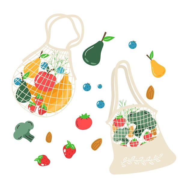 Red de compras ecológicas de algodón con verduras, frutas y bebidas saludables. Comida láctea en una bolsa de compras respetuosa con el medio ambiente reutilizable. Cero desperdicio, concepto libre de plástico. Diseño plano de moda