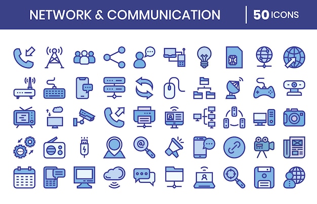 Red y Comunicación Iconos de color azul Ilustración de SetVector