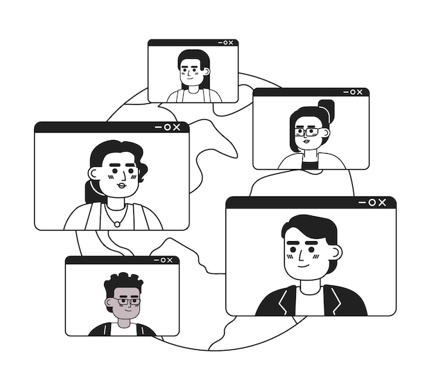 Red de conferencias de negocios en línea concepto de ilustración 2D en blanco y negro reunión virtual colegas de todo el mundo personajes de dibujos animados aislados metáfora de colaboración arte vectorial monocromo