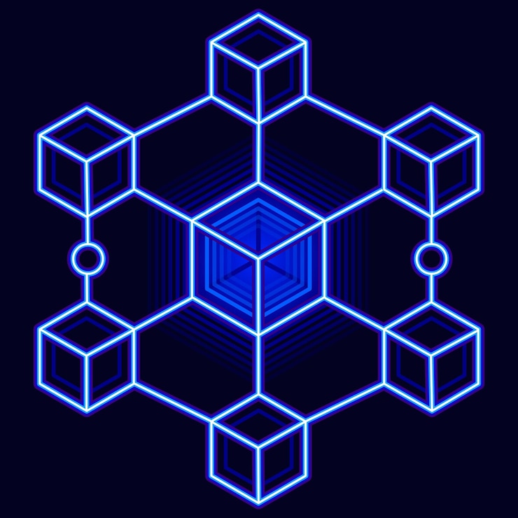Vector la red de cubos de blockchain azul neón simboliza la descentralización de la seguridad digital