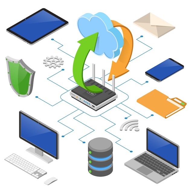 Red de datos tecnología de computación en la nube concepto de negocio isométrico con enrutador computadora portátil tableta pc e iconos de teléfono seguridad de almacenamiento y datos de transferencia ilustración vectorial