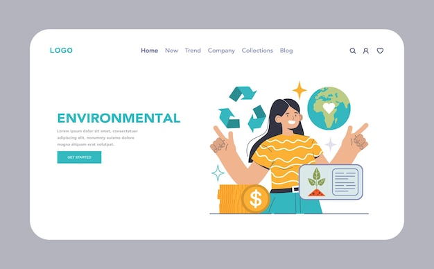 Red de defensa del medio ambiente o mujer de aterrizaje que promueve el reciclaje, el cuidado de la tierra y las finanzas sostenibles
