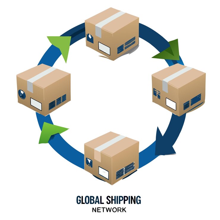 Vector red de envío global proceso logístico y de entrega en todo el mundo