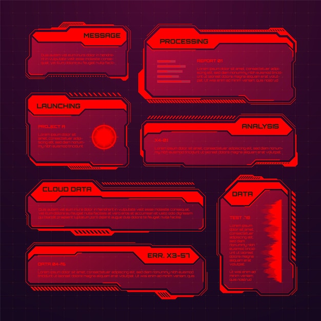 Red futurista hud o ui elementos scifi interfaz de usuario cuadros de texto llamadas cuadros de mensaje de advertencia.