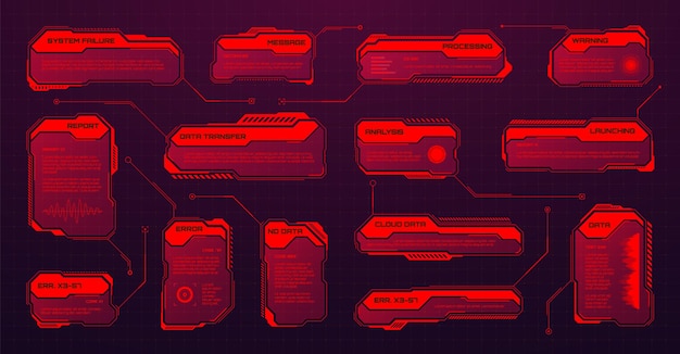 Red futurista hud o ui elementos scifi interfaz de usuario cuadros de texto llamadas cuadros de mensaje de advertencia.