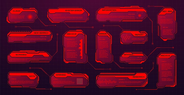 Red futurista hud o ui elementos scifi interfaz de usuario cuadros de texto llamadas cuadros de mensaje de advertencia.