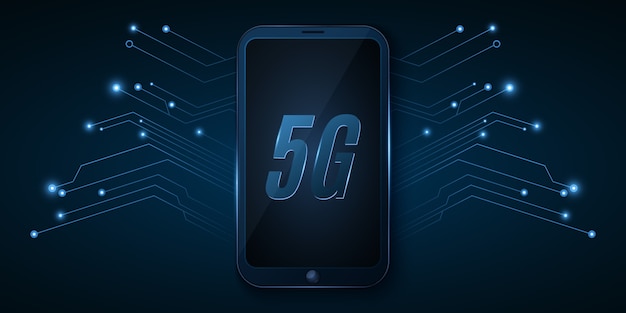 Red global 5G. Diseño de alta tecnología. Moderno teléfono inteligente con internet de alta velocidad. Placa de circuito de computadora de neón.