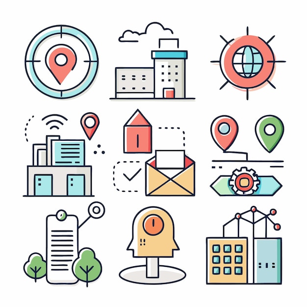 Red global de ubicación de destino con iconos de paisaje urbano
