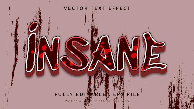 Vector red grunge insane diseño de efectos de texto editables