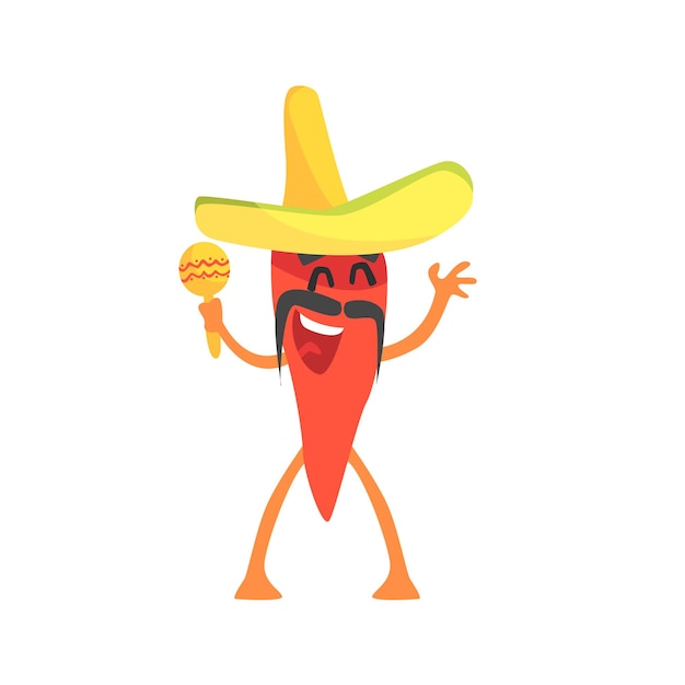 Red Hot Chili Pepper Personaje de dibujos animados plano emocional humanizado con sombrero y maracas