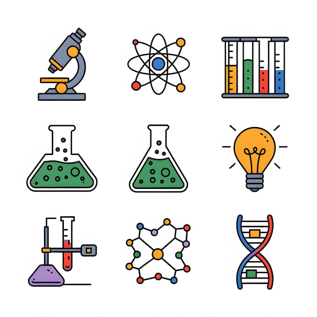 Red de iconos de ciencia limpia con vaso de átomos de microscopio y elementos de ADN