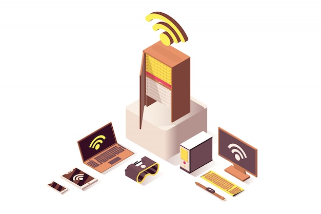 Red inalámbrica de computación en la nube Wifi, almacenamiento de base de datos aislado 3d