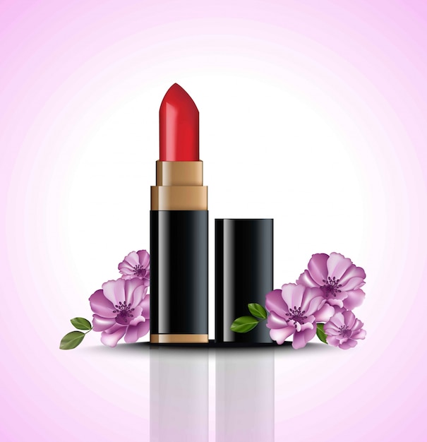 Vector red lip stick simulacro con decoración de flores. paquetes de tarjetas cosméticas realistas