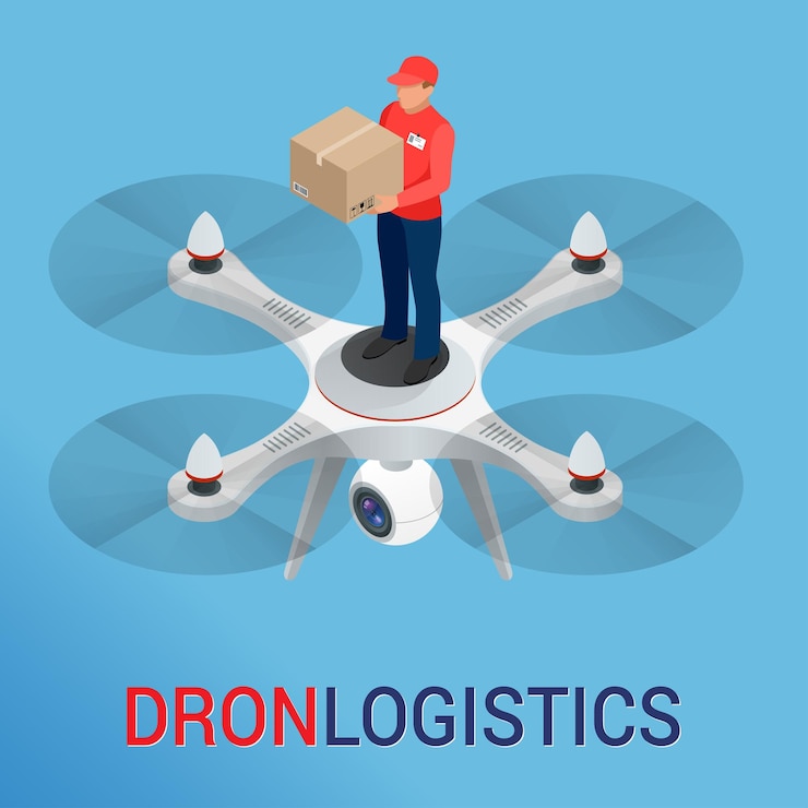 Vector red logística de drones ilustración vectorial plana drone isométrico entrega rápida de mercancías en la ciudad. concepto de innovación de envío tecnológico. logística autónoma.
