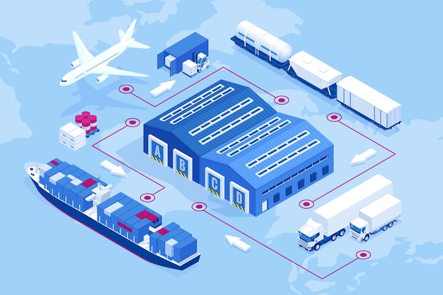Red logística global isométrica Transporte ferroviario de carga aérea Transporte marítimo Almacén Portacontenedores Horizonte de la ciudad en el mapa mundial