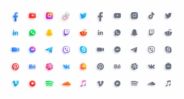 Red de medios sociales populares y mensajeros moderno conjunto de iconos de glifos planos y brillantes en 3d aislado sobre fondo blanco