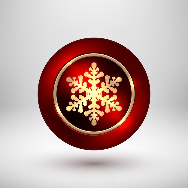 Vector red merry christmas, insignia de burbuja premium xmas, botón de lujo con copo de nieve de metal y anillo de oro