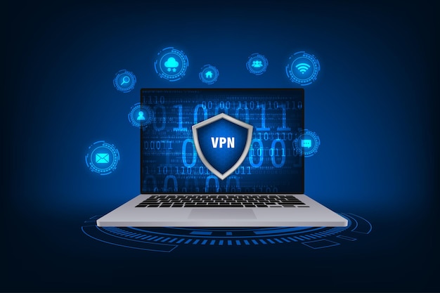 Red privada virtual de maqueta de computadora portátil vectorial con concepto de escudo Seguridad cibernética y privacidad
