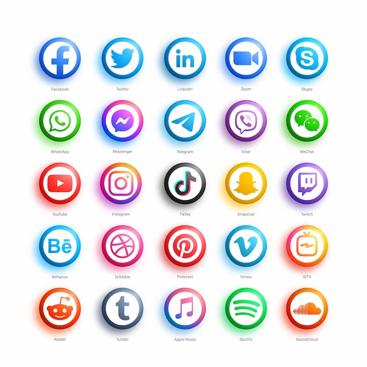 Red de redes sociales populares iconos web redondos en estilo 3D moderno