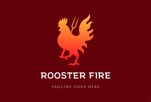Red Rooster Cook Chicken Fire Flame para Meat Grill BBQ Restaurant Logo Design Vector