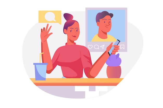 Red social Concepto asiático con escena de personas en el estilo de dibujos animados Chica mira las fotos de un chico