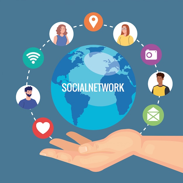 Vector red social, jóvenes conectados digitalmente, comunicarse y concepto global.