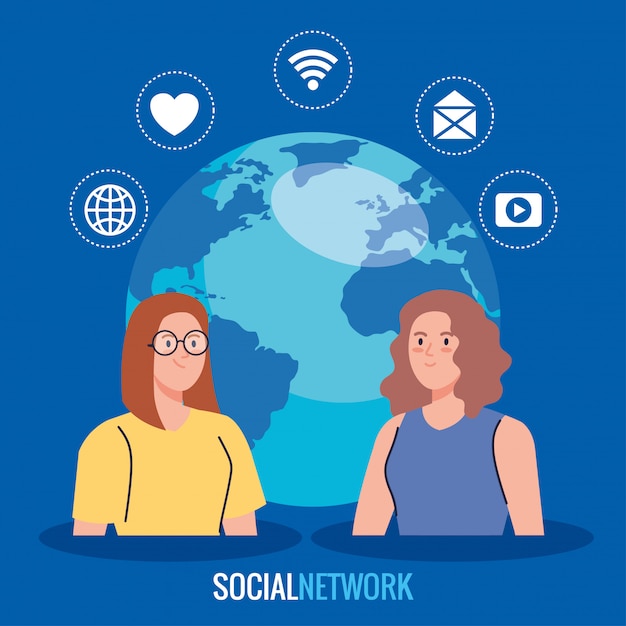 Red social, mujeres con iconos de redes sociales y planeta mundial, concepto de comunicación global