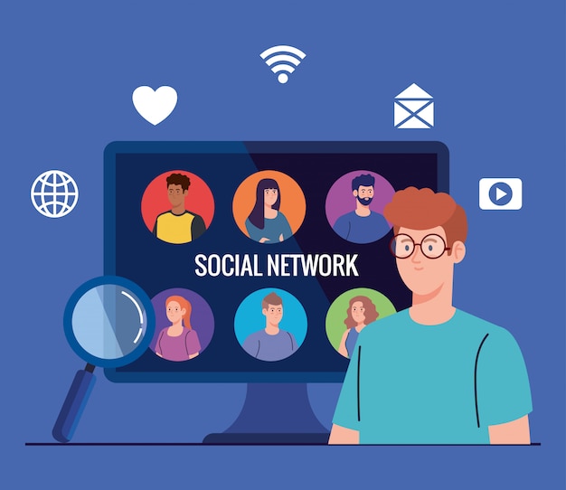 Red social, personas conectadas en computadora, interactiva, comunicarse y concepto global