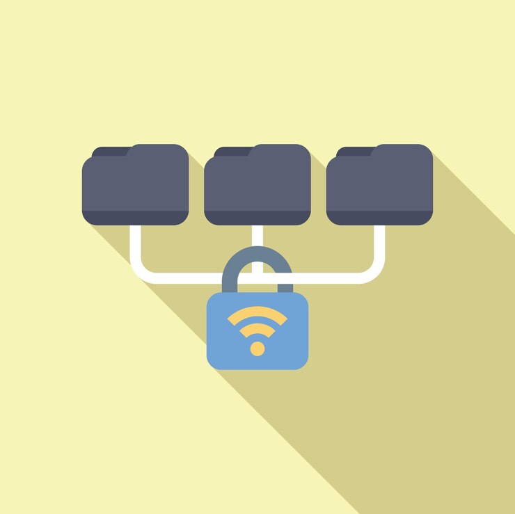 Vector red wifi segura que protege las carpetas de datos con encriptación bloqueada