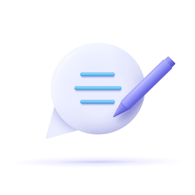 Redacción, icono de escritura. Concepto de documento. Discurso de burbuja, texto y lápiz. Ilustración de vector 3D.