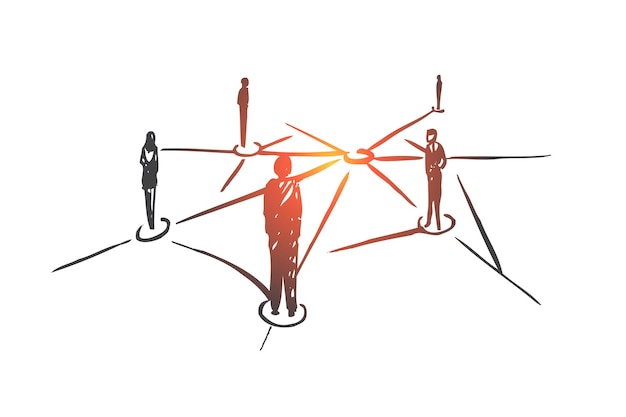 Redes, internet, conexión, web, concepto social. dibujado a mano personas conectadas a través del bosquejo del concepto de internet.
