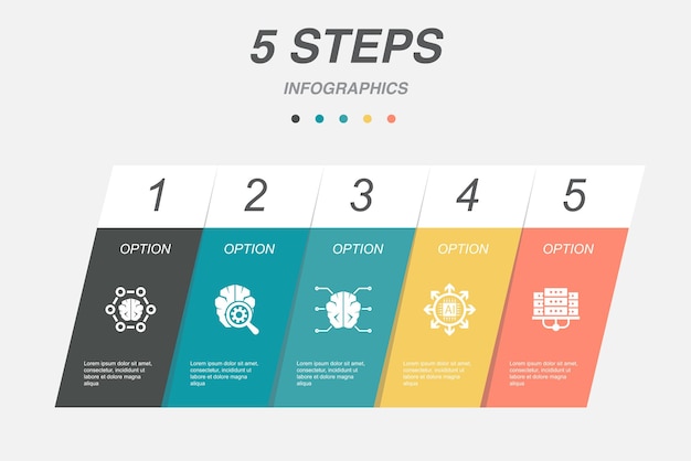 Redes neuronales deep learning AI iconos de centros de datos autónomos Plantilla de diseño de diseño infográfico Concepto de presentación creativa con 5 pasos