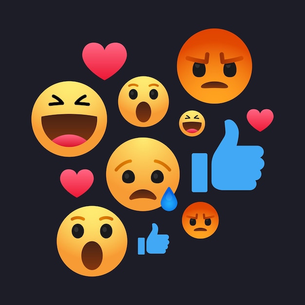 Vector redes sociales emojis diseño amor cuidado triste guau enojado pulgar hacia arriba