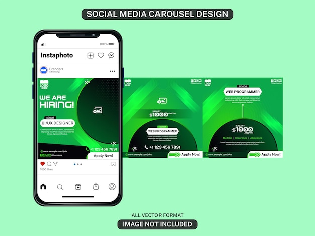 Redes sociales instagram carrusel contratación verde diseñador de interfaz de usuario
