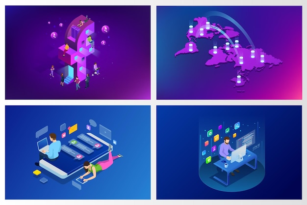 Redes sociales isométricas o concepto de red social. Marketing en Internet, iconos de me gusta y mensajes, chat. Personas que usan un teléfono inteligente, una tableta y una computadora portátil para trabajar o jugar en redes sociales y sitios web