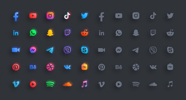 Vector redes sociales y mensajeros moderno conjunto de iconos de glifos planos y resplandor 3d