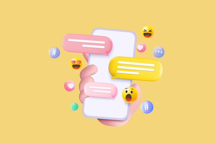 Vector redes sociales mínimas en 3d con discurso de hashtag emoji en la mano móvil que sostiene la optimización de la interfaz para el banner y el sitio web para el concepto de teléfono móvil de maqueta ilustración de renderizado de vector de red social 3d