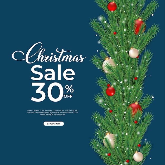 Las redes sociales de Navidad publican bolas de decoración de fondo azul oscuro y hojas de pino. Banner de sellos navideños con 30% de descuento.