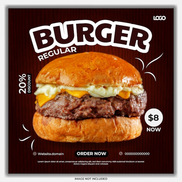 Vector las redes sociales publican el diseño de plantillas de comida de hamburguesas para la promoción de banners cuadrados