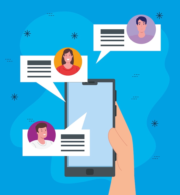 Vector redes sociales, teléfono inteligente con grupo de personas charlando, diseño de ilustraciones