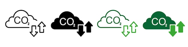 Reducción de emisiones de CO2 concepto de neutralidad conjunto de iconos planos vectoriales Dióxido de carbono huella cero contaminación del aire protección del medio ambiente CO2 nubes verdes para sus diseños