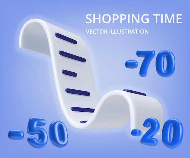 Reducción de precio Recibo de efectivo 3D realista Representación vectorial de ilustración de factura