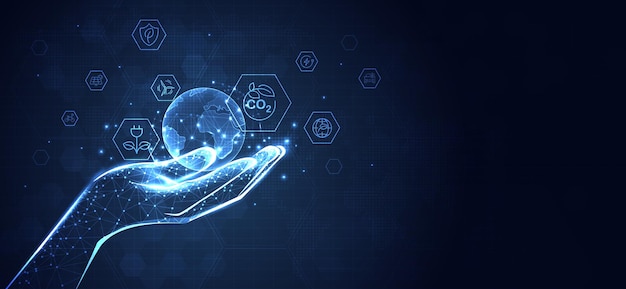Reducir el CO2 o el concepto de carbono con íconos y emisión de CO2 a mano utilizando energía limpia y limitar el calentamiento global diseño de vectores de fondo de negocios de energía renovable