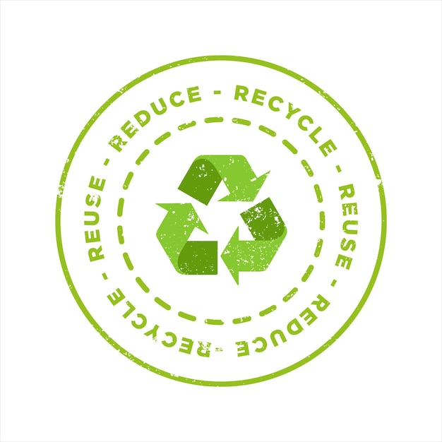 Reducir Reciclar Reutilizar sello grunge verde Materiales ecológicos icono de plantilla de placa de goma retro